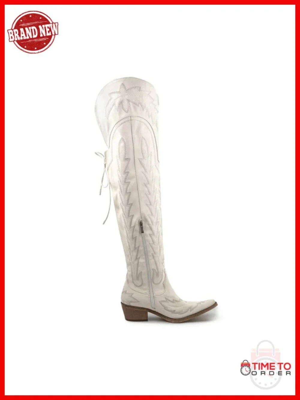 Women Over The Knee Cowboy Boots Faux Leather Wide Calf Embroidered Chunky Heel